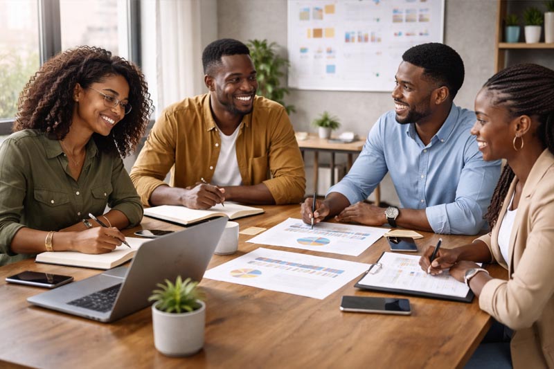 Professionnels en réunion stratégique